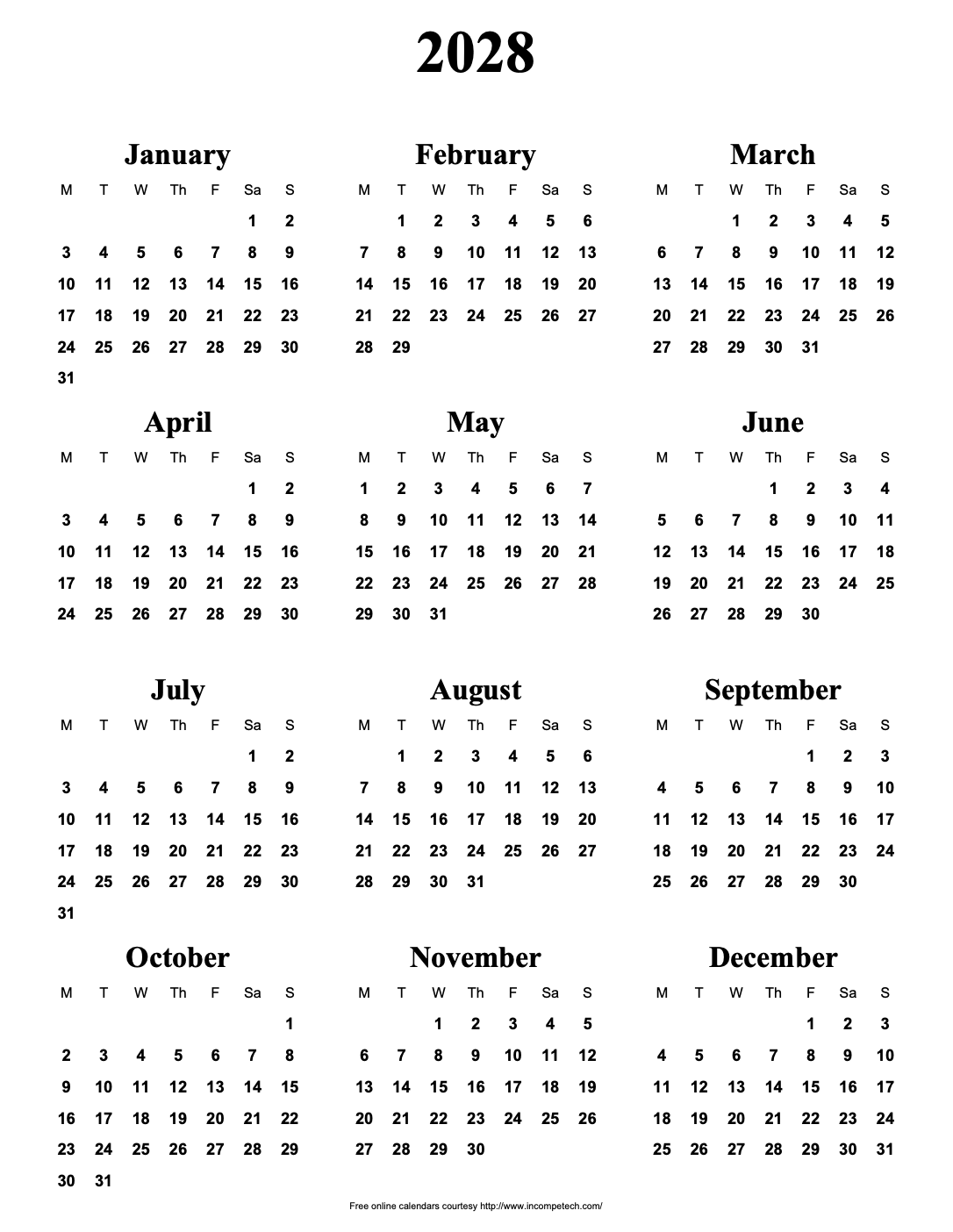 Preview of yearly calendar, 8.5 × 11 inches