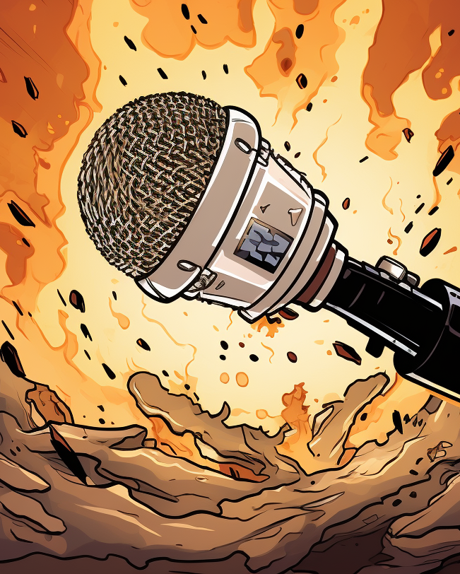 Cartoon of a microphone being destroyed in FIRE!!