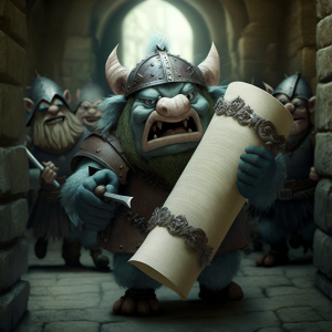 A troll carrying a large scroll, with knights that are attacking it trying to get the scroll away from it.